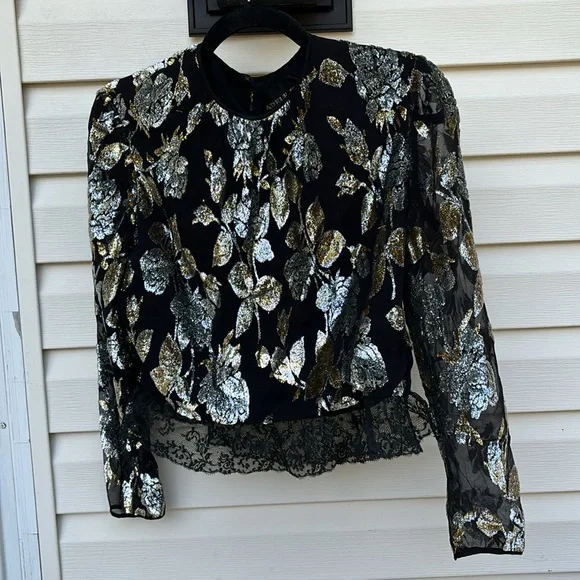 ADELE SIMPSON LADIES BLACK SILVER GOLD LACE BLOUSE-VINTAGE-WOW! - Picture 4 of 8